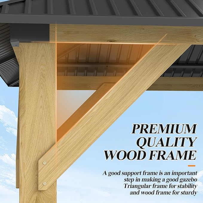GARTOO 10' x 12' Outdoor Wooden Gazebo - Patio Hardtop Gazebo Permanent Wooden Pavilion with Galvanized Steel Double Roof, Wood Gazebos for Garden, Lawn, Poolside, Backyard Deck