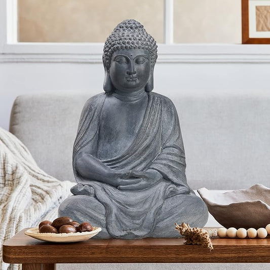TOETOL Outdoor Buddha Large Statue Meditative Asian Zen Indoor 20” High Medium Yard Decor Magnesium Oxide Stone for Yard Garden Patio Deck Home, Dark Grey