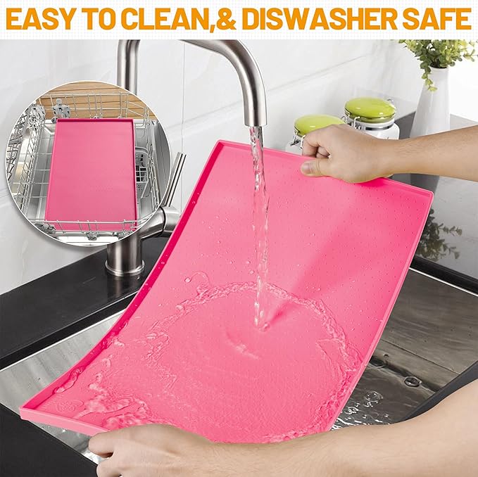 Hubulk Dog Feeding Mat,100% Waterproof Food Grade Silicone Pet Food and Water Bowl Placemat,Dishwasher, High Raised Edge to Prevent Spills,Nonslip Tray to Stop Messes on Floor (19"x12"x0.5", Pink)