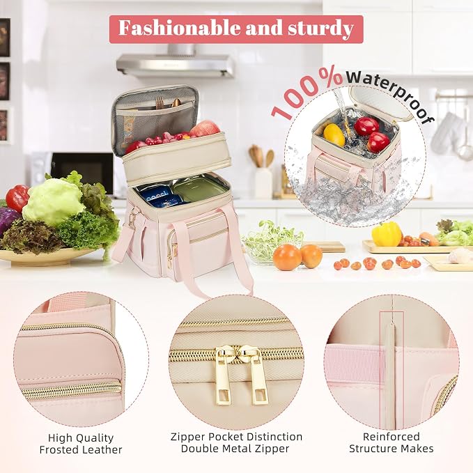 holuxer Insulated Lunch Bag & Lunch Box for Women - Double Deck Reusable Lunch Bag for men Tote Cooler Bag Leakproof Soft Expandable - Large Lunchbox for Work/Adult/Picnic/Outdoor (Pink,15L)