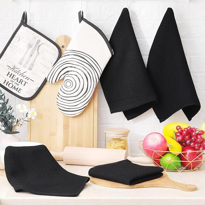 Homaxy 100% Cotton Waffle Weave Kitchen Dish Cloths, 7-Pack, Black | 12 x 12 Inches, Ultra Soft Absorbent Dish Towels, Quick Drying Dish Rags with Hanging Loop
