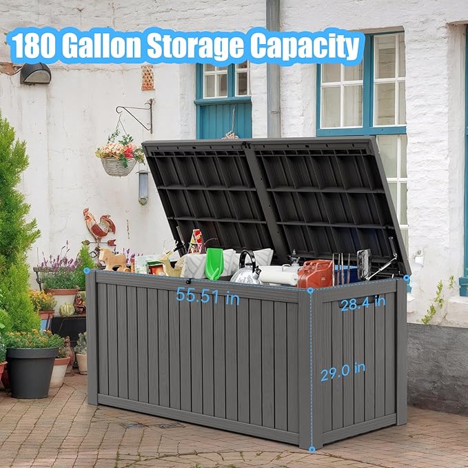180 Gallon Outdoor Storage Box – Resin Deck Box with Lockable Lid, Waterproof Patio Furniture Storage for Tools, Garden & Yard Organization