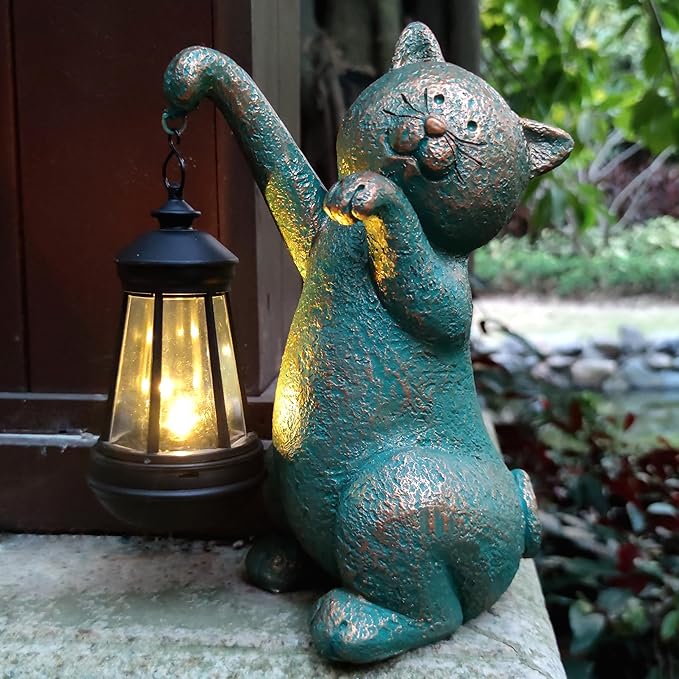 Cat Garden Statue Outdoor Décor with Solar Lights Lantern,Cat Solar Light Figurines Outside Decorations for Yard,Lawn Patio, Balcony, Unique Housewarming Gifts