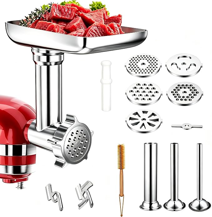100% Stainless Steel Meat Grinder for KitchenAid Mixer, Dishwasher Safe | Includes 3 Sausage Stuffer Tubes & 4 Grinding Plates, Anti-Corrosion Polished Design(Not include the KitchenAid Mixer)