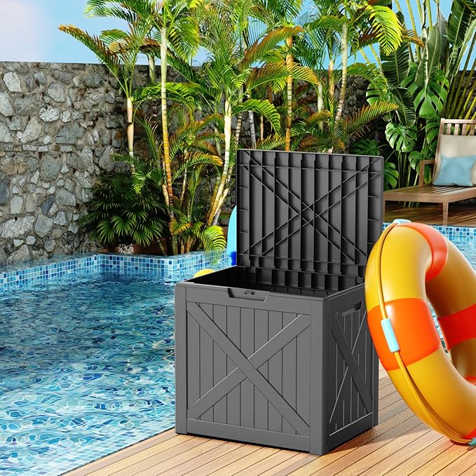 38 Gallon Outdoor Deck Box,Storage Lockable Waterproof Patio Furniture,Garden Tools,Cushions,Pool Accessories Outside Storage Resin Box(Black)