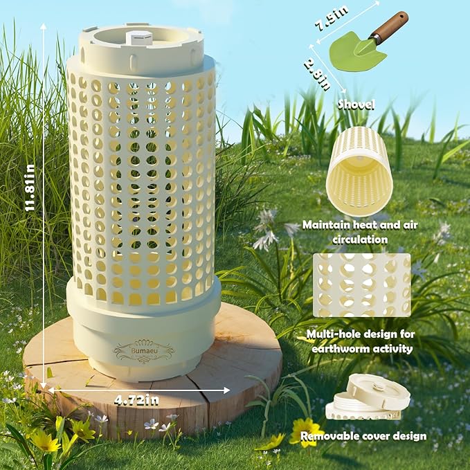 Underground Worm Farm, Garden Mini vermicomposting bin for use in Outdoor Gardening from Kitchen Food Waste, with Holes and lid, White (11.81x4.3x4.3IN)
