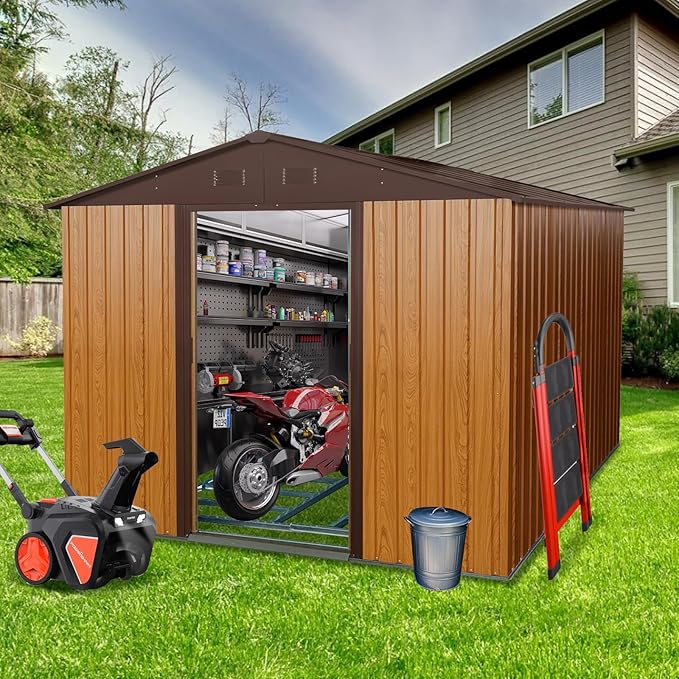 8x10 FT Outdoor Storage Shed, Metal Garden Shed with Frame Floor, Outside Tool Shed with Lockable Sliding Doors, Waterproof Storage Building with Sloped Roof for Backyard, Patio, Lawn, Coffee