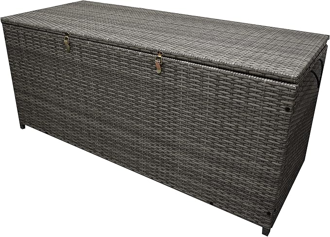 Oakland Living Grey Indoor and Outdoor Balcony Patio Deck Porch Pool 113 Gallon Wicker Storage Box Trunk Bin with Metal Frame