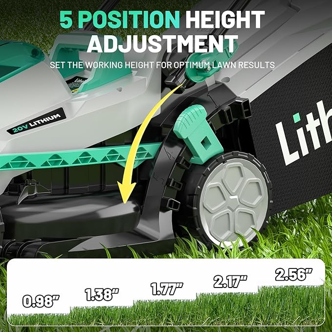 Litheli 13.1inch Electric Lawn Mower Cordless,Grass Cutter Machine for 1600 Sq.Ft.Lawnmower with Brushless Motor, 8 Gallon Capacity, Cutting Height from 1 to 2.5 in, Includes 1X4.0 Ah Battery