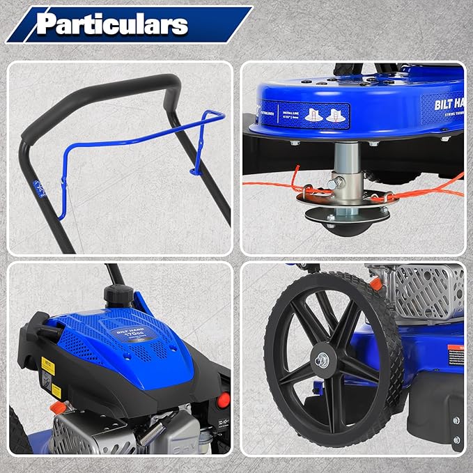 BILT HARD Walk Behind String Trimmer, 170cc 4-Cycle Gas Brush Hog Mower, 22 Inch Cutting Diameter, Push Weed Eater with 14 Inch Flat Free Wheels, Brush Cutter for Farm, Lawn, Yard