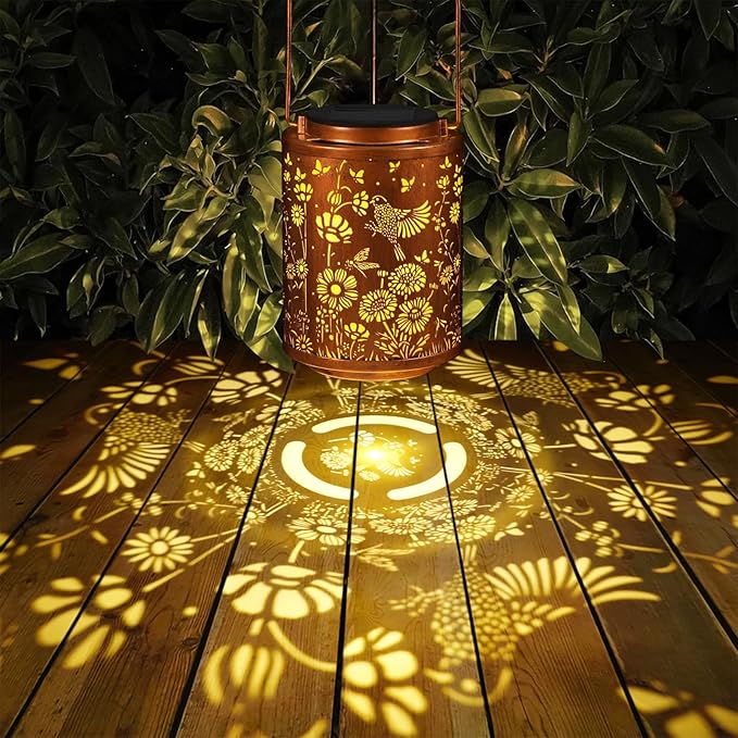 Solar Lanterns Garden Decor Birthday Gifts for Women Mon Grandma Metal Hanging Solar Lights Waterproof Outdoor Decoration for Outside LED Lanterns for Yard Patio Lawn (Birds)