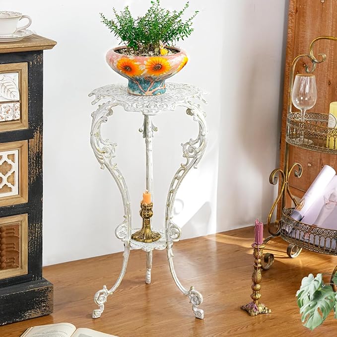 Sungmor Vintage Cast Iron Plant Stand - Ornate White Pedestal Table for Indoor Outdoor Garden, 27.5" Antique Metal Flower Pot Holder - Victorian Style Plant Display Stand, Patio, Porch, Balcony Décor