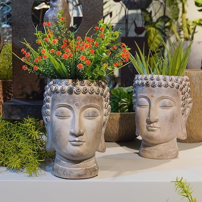 Buddha - Face Flower Pot - Head Planters - Garden Statue - Cactus Succulents Planter Pot Indoor Outdoor Planter with Drainage Hole Unique Garden Farmhouse Decor 6.25*6.5*8.25 Inch Newman House Studio