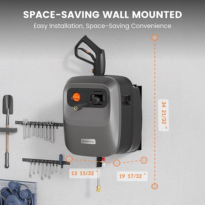 Giraffe Tools Grandfalls Retractable Pressure Washer G20B, 2500 PSI 2.2 GPM, Wall Mounted Power Washer with 65FT Hose Reel, Black Pressure Hoses, 4 Nozzles for Floor/Cars/Fences/Patios, Dark Silver