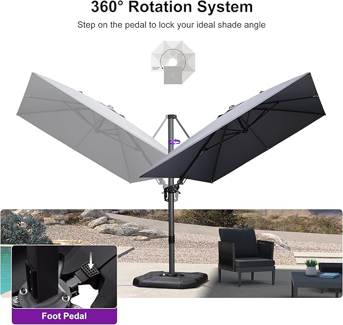 PURPLE LEAF 8' X 11' Left-right Tilt Patio Umbrella Outdoor Cantilever Swivel Rectangle Umbrella Aluminum Offset Umbrella with 360-degree Rotation for Garden Deck Pool Patio Light Grey