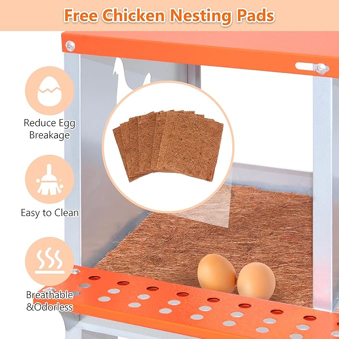 Chicken Nesting Boxes, 8-Bay Metal Nest Box with Vented Galvanized Steel Coop Equipment Wall Mount for Hens Ducks Poultry, Easy Egg Collection & Assembly, Orange (8 Compartment)