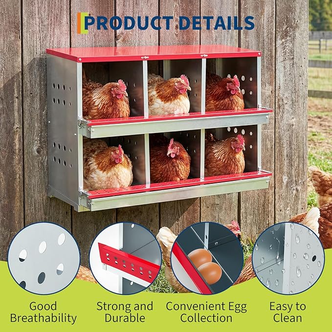 Heavy Duty Metal Chicken Nesting Box – 6 Compartments, Rollaway Egg Collection, Ventilated, Resting Perch, Wall Mounted/Floor, Easy Clean, Red Covered, 96×48×71cm, with Cover