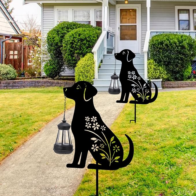 Afirst Solar Outdoor Garden Stake Solar Dog Decorative Stake Light with Lantern Decorative Lights Metal Outdoor Ornament for Yard Pathway Lawn Patio Decoration