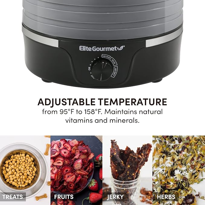 Elite Gourmet EFD319DKG Food Dehydrator, 5 BPA-Free 11.4" Trays, Black/Grey | Adjustable temperature controls - makes jerky, herbs, fruit & veggies into dried snacks - a handy meat & herb drying option
