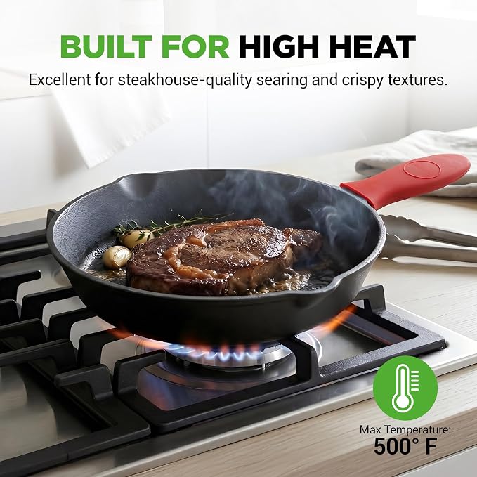 NutriChef 3pc Cast Iron Skillets - Pre-Seasoned Cast Iron Cookware with Drip Spout, Silicone Handles, For All Cooktops