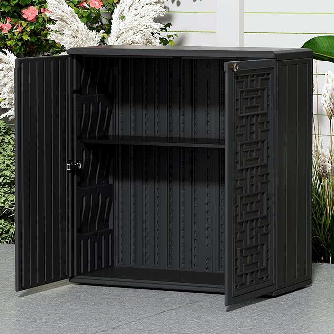 Outdoor Storage Cabinet Waterproof with Shelf,Resin Storage Sheds Outdoor Cabinets for tub towels/chemicals/grill items/Patio/Garden/Backyard, Size 34.3''L*15''W*36.2''H(Black)