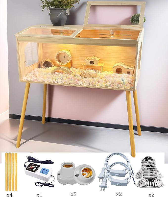 Brooder Box for Chicks Pine Wood Chicken brooder Box with Thermostat & Heating Lamp & 4Wood Legs,Solid Panels Chick brooder for Chicks, Ducklings, Hamsters, Guinea Pigs - Chew-Proof (40x21x21 in)