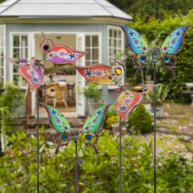 Juegoal Set of 4 Butterfly Garden Stake Decor, 32" Metal Colorful Butterflies Stakes, Yard Art Ornaments for Mom, Mothers Day Ideal Gifts, Outdoor Lawn Porch Pathway Patio Plant Pot Flower Bed