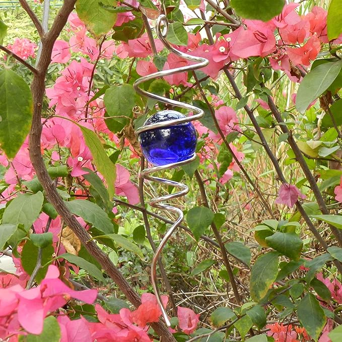 FONMY Gazing Ball Spiral Tail -Decorative Wind Spinner 11" inch Tail and 2" inch Blue Glass Orb. Indoor Outdoor Garden Decoration -13 inch Height
