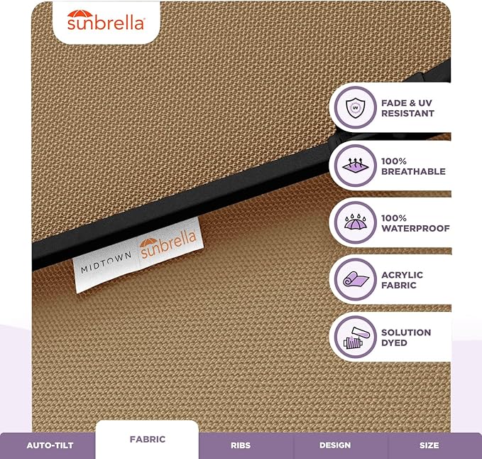 Midtown Umbrellas Sunbrella Umbrella 8 Feet Outdoor Umbrella With Sunbrella Heather Tan Acrylic Fabric - Auto-Tilt Aluminum Frame Patio Umbrella For Backyard, Deck, Garden, Pool - Black Pole