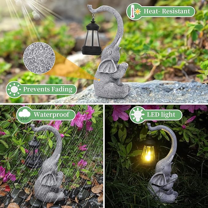 Elephant Statue Solar Garden Decor,Outside Decor Sculptures Statues Lawn Ornaments Art for Home/Patio/Balcony/Front – Unique Gifts for Grandma/Mom/Mother