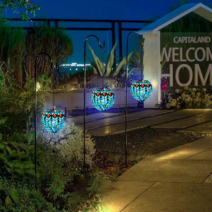 VCUTEKA Hanging Solar Lanterns Mosaic Solar Lights with Hook Up, Outdoor Garden Lights Decor for Yard Tree Fence Patio