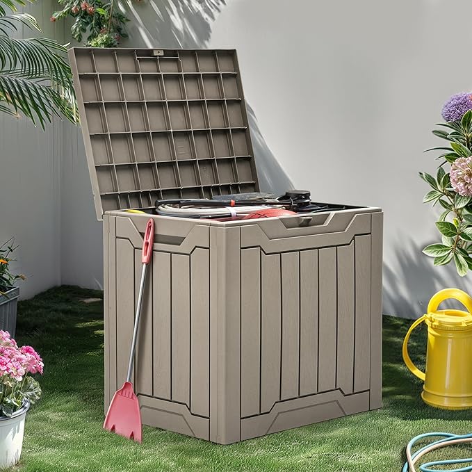 YITAHOME 31 Gallon Resin Deck Box Outdoor Storage Box and Waterproof Package Delivery Box with Lockable Lid forPatio Furniture, Garden Tools, Pool Supplies, Taupe