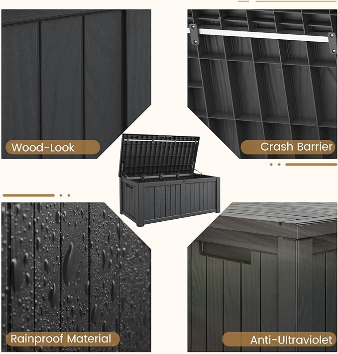 Deck Box, 120 Gallon Outdoor Storage Box Lockable Patio Waterproof for Furniture, Garden Tools, Sports Equipment and Pool Supplies, Waterproof, Resin, Lockable
