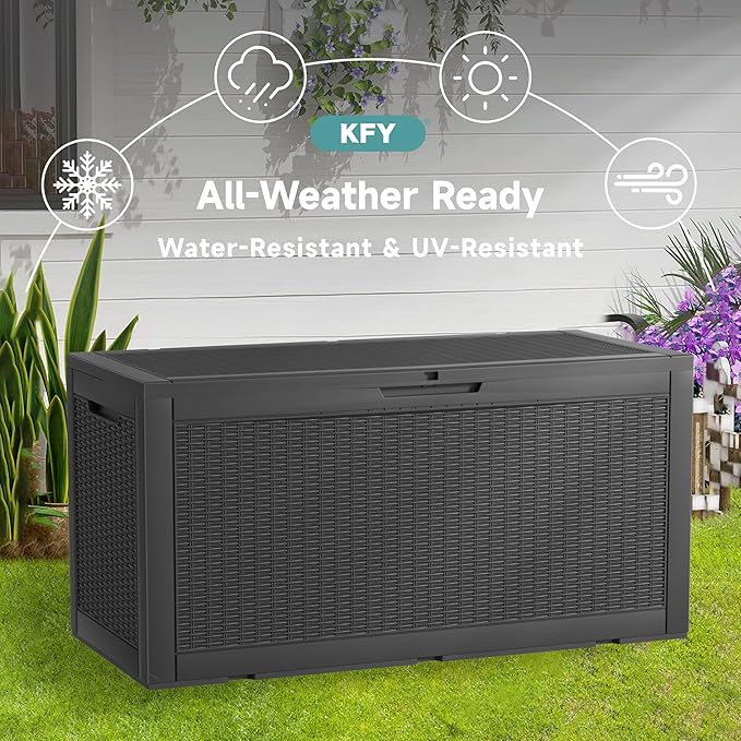deck box,100-gallon indoor and outdoor storage box made of waterproof and sun-resistant resin material, meeting storage needs for the living room, patio, swimming pool, and toolshed(black)
