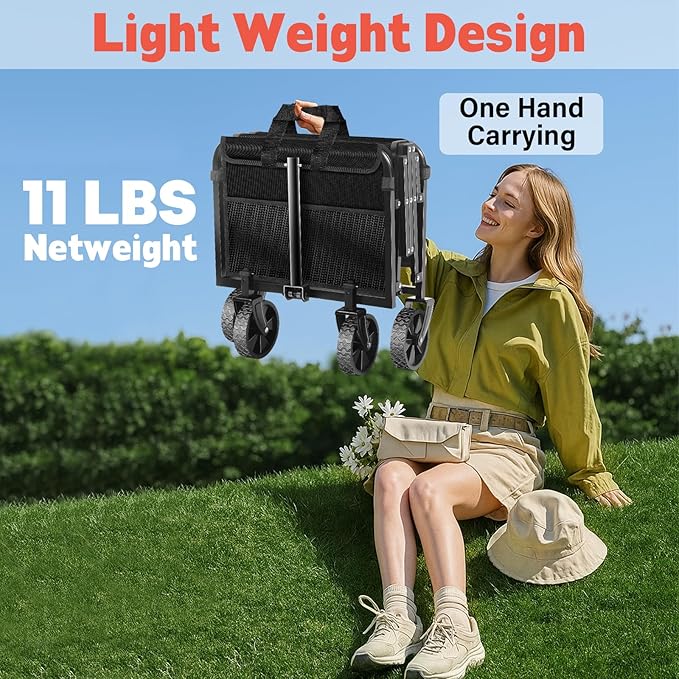 Wagons Carts Foldable,360 lbs Collapsible Wagon with Wheels Foldable Wagon Cart with Flexible Handle,Lightweight Portable Folding Cart for Camping Beach Picinic Grocery Sports Shopping Classic Black