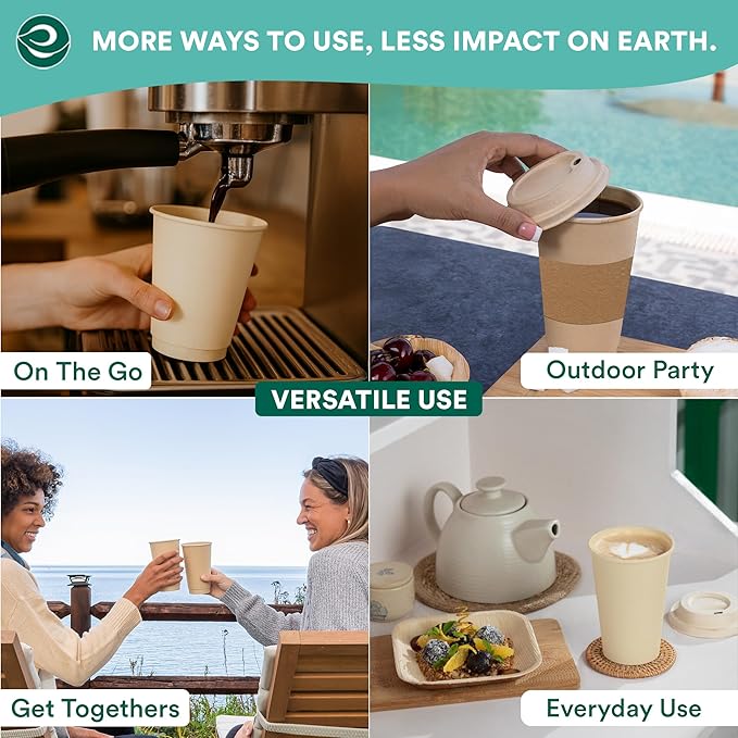 ECO SOUL 100% Compostable Plant-Based 12oz Hot Cups | (50 Count, 12 oz Hot Cups) | Disposable Bagasse Paper Cups | Eco-friendly Cups | Sturdy, Microwave & Oven Safe