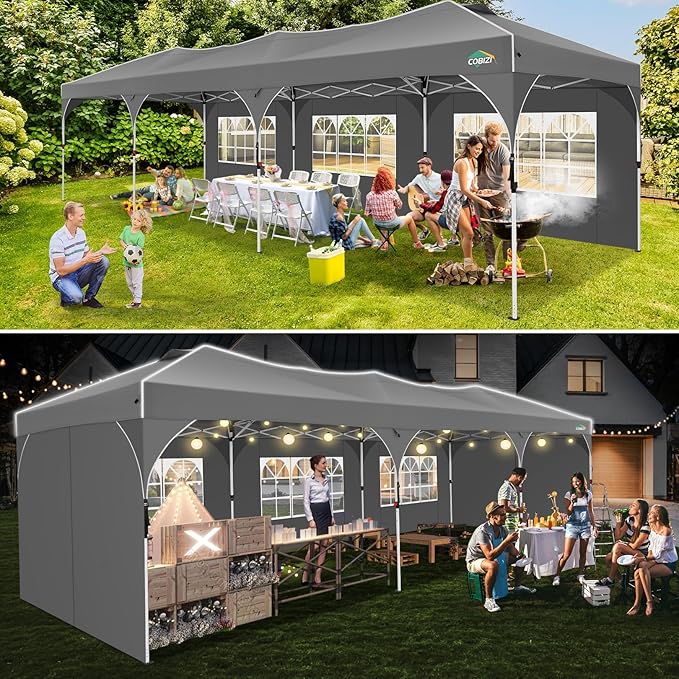 COBIZI 10x30 Pop Up Canopy Tent with 5 Removable Sidewalls, Easy Up Canopy 3 Adjustable Heights, Waterproof UPF 50+, Gazabo 10x30 Outdoor Tent for Garden Wedding Party with Roller Bag, Grey