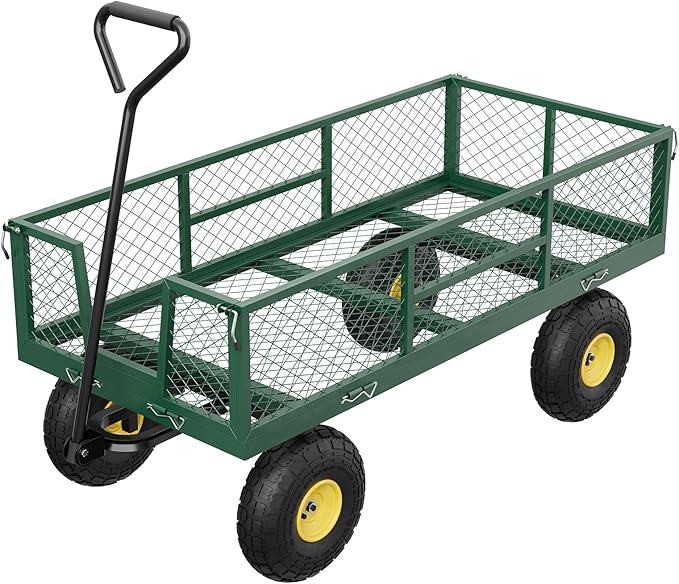 GarveeLife 900 LBS Garden Cart with Removable Mesh Sides, Heavy Duty Steel Garden Wagon with Adjustable Handles & 10 in Pneumatic Tires, Utility Wagon for Lawn Camping Farm Yard, Green+Black