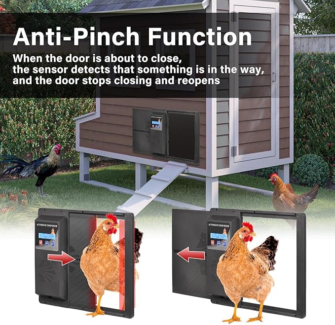 Large Automatic Chicken Coop Door, Side Opening Poultry Entry with Timer Control, Anti-Pinch Safety, Battery or USB Power, LCD Screen, Quick Install for Backyard Chicken House