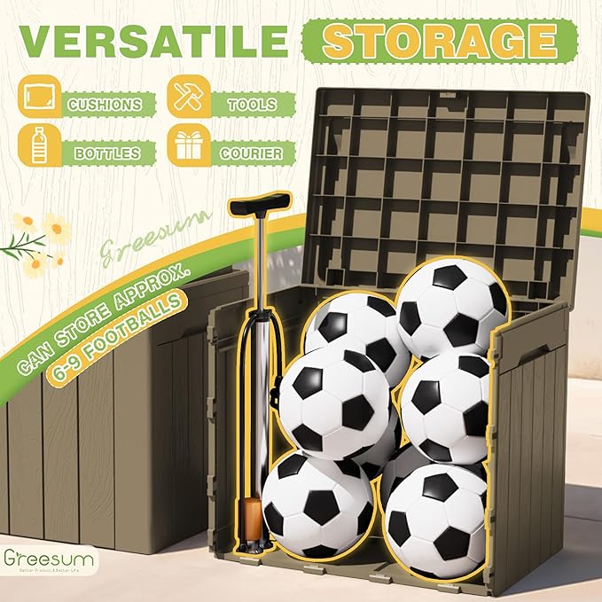 Greesum 31 Gallon Deck Box for Outside, All Weather Outdoor Storage Boxes for Patio Furniture Set, Package Delivery Box, Garden Tools, Light Coffee(Set of 2)