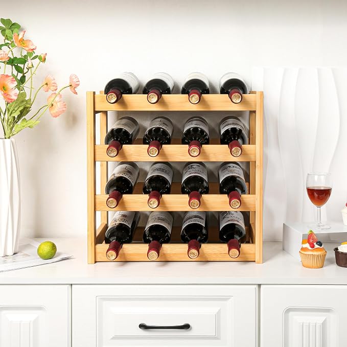 VASMIA Wine Rack, 4-Tier Bamboo Wine Racks Countertop,Sturdy and Durable Wine Storage Cabinet Shelf,16 Bottles Wine Holder for Kitchen Pantry, Natural