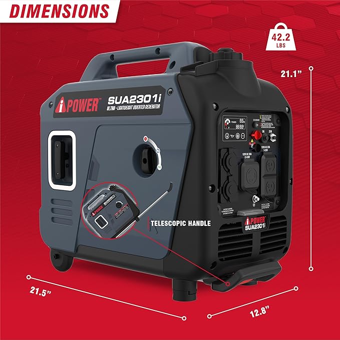 A-iPower Portable Inverter Generator, 2300W RV Ready, EPA & CARB Compliant CO Sensor, Portable Ultra-Light Weight For Backup Home Use, Tailgating & Camping (SUA2301i)