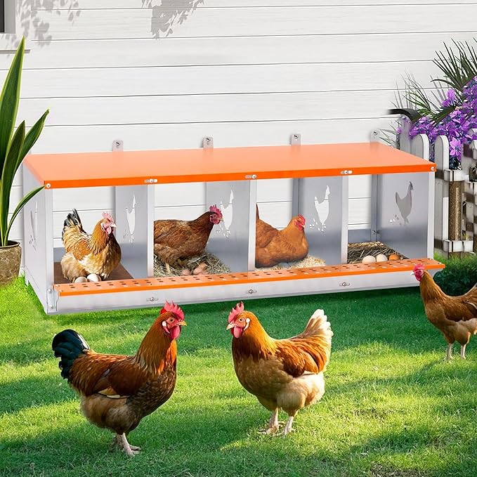 4-Bay Metal Nest Box for Chickens Wall Mount, Galvanized Steel Hen Laying Box with Hen-Shaped Vent Holes, Includes Coconut Fiber Pad, Easy to Clean & Assemble (Orange/Silver)