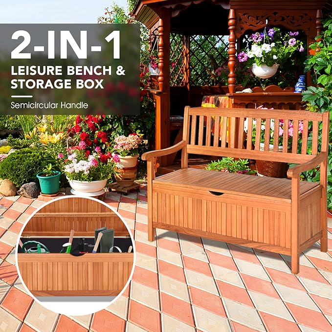 HAPPYGRILL Outdoor Storage Bench Wooden Deck Box with Removable Dustproof Liner, 33 Gal Wood Storage Loveseat Seating Furniture for Courtyard Garden Poolside