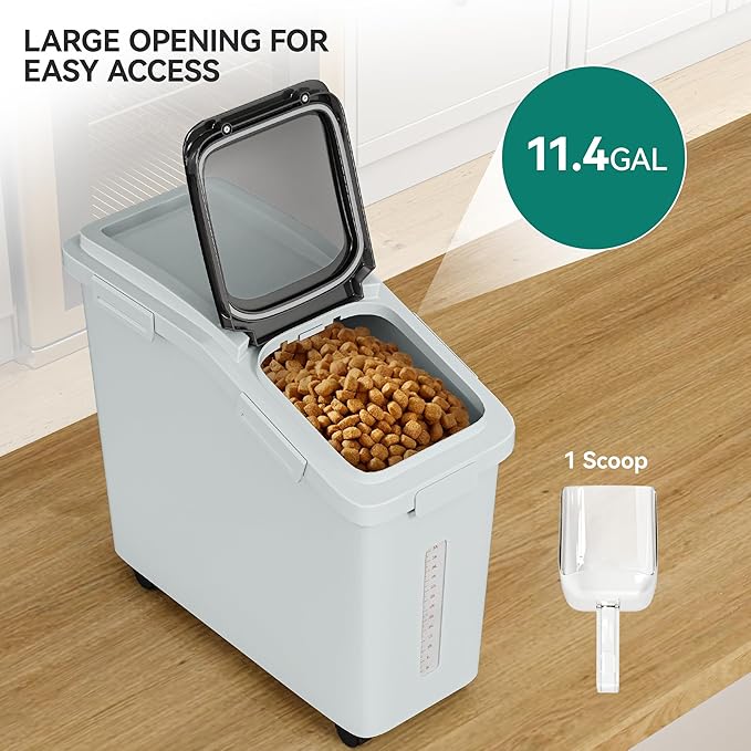 YITAHOME Ingredient Flour Storage Bin, Commercial 11.4-Gallon Flour Storage Container 280 Cups Rice Storage Bins with Wheels Shelf-storage Bin with Scoop and Lid, Rice Bin for Kitchen, Gray