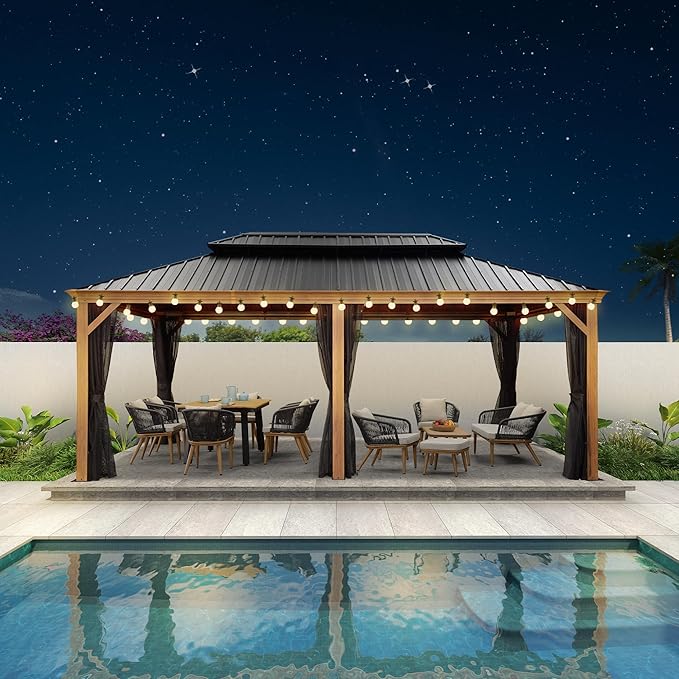 PURPLE LEAF 12' X 20' Outdoor Hardtop Gazebo for Patio Galvanized Steel Double Roof Permanent Canopy Teak Finish Coated Aluminum Frame Pavilion Gazebo with Netting and String Lights