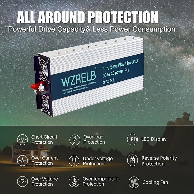 WZRELB 4000W Pure Sine Wave Inverter 36V DC to 110V 120V AC Power Converter with LED Display, Hardwire Terminal,Off-Grid Portable Power Inverter with Dual AC Outlets for Home, RV, Truck, Camping