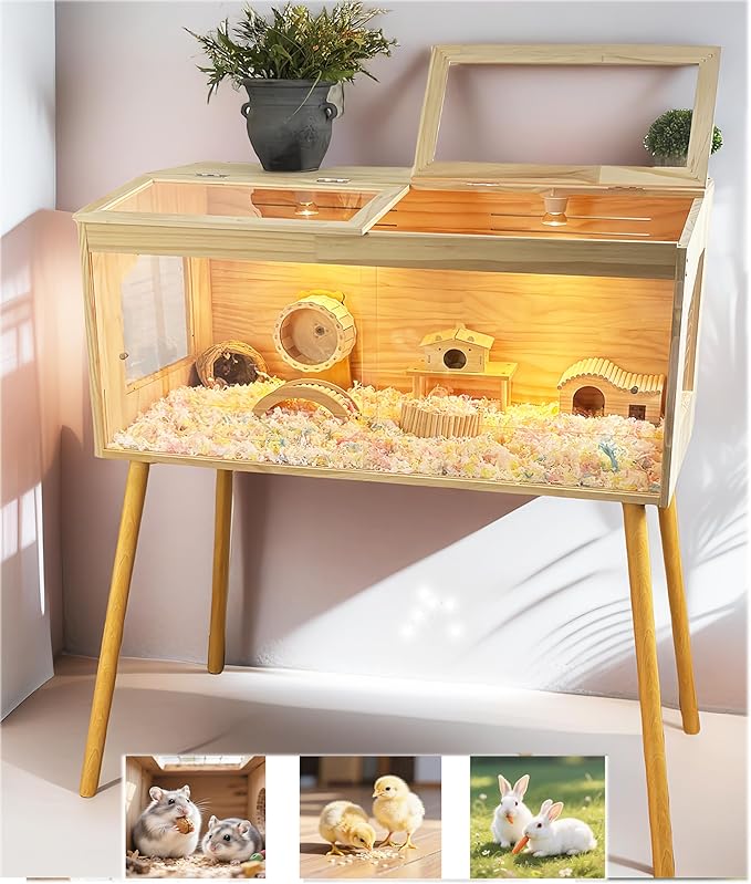 Brooder Box for Chicks Pine Wood Chicken brooder Box with Thermostat & Heating Lamp & 4Wood Legs,Solid Panels Chick brooder for Chicks, Ducklings, Hamsters, Guinea Pigs - Chew-Proof (40x21x21 in)
