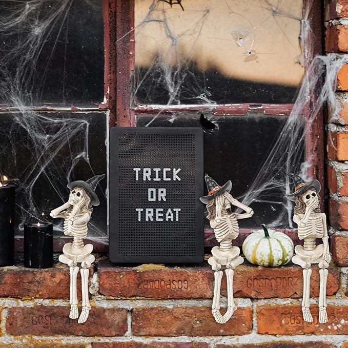 Halloween Statues No-Evil Skeleton Collectible-Figurines - Realistic Skeleton Halloween Decorations Indoor See Speak Hear No Evil Resin Witch Table Decor Set of 3, 2.5*5.5*4.5 inch Newman House Studio