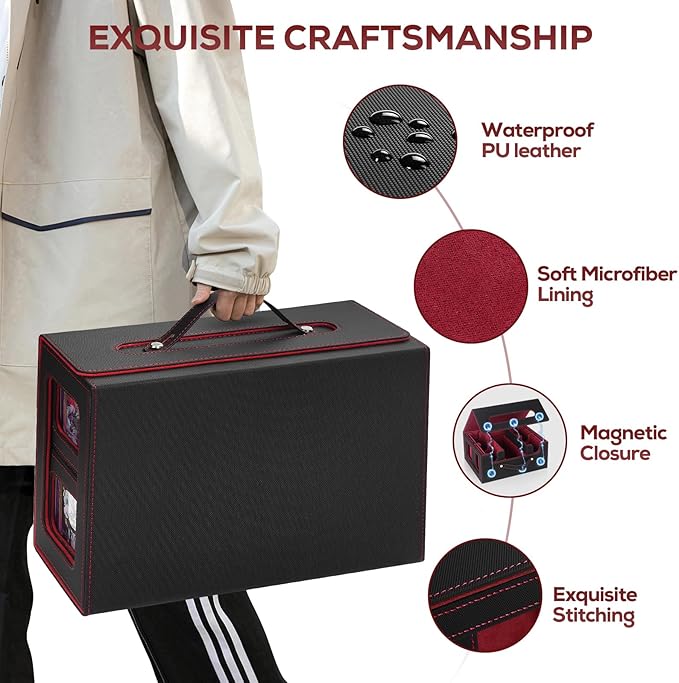 Trading Card Storage Box for MTG, card storage box with Commander Display,Multi-purpose Deck Case for MTG TCG Sports Card, 4 Toploaders, 4 Stoppers, 4 Colorful Dividers (Black & Red)